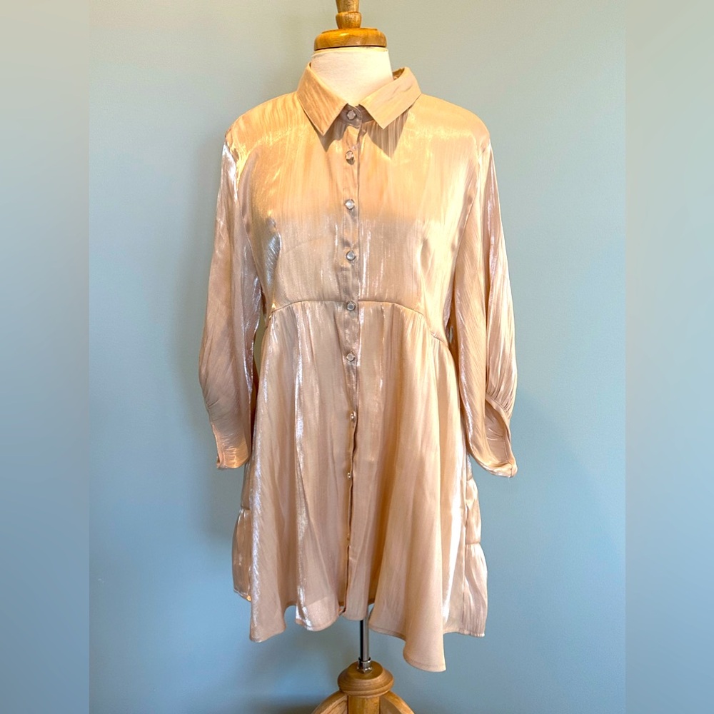 Umgee Shimmery Metallic Cream colored tunic mini dress/shirt Size XLarge